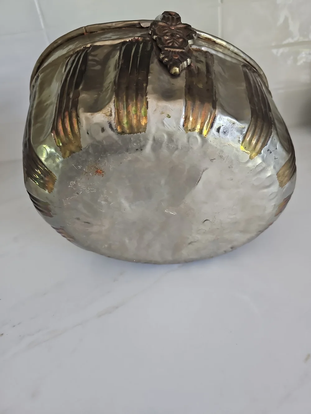 Vintage Hammered Metal Fireplace Coal Scuttle Bucket with Ornate Acanthus Leaf